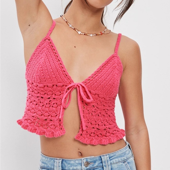 American Eagle Outfitters Tops - Women’s American Eagle Crochet Tie Front Cami Crop Tank Top Boho Festival XS